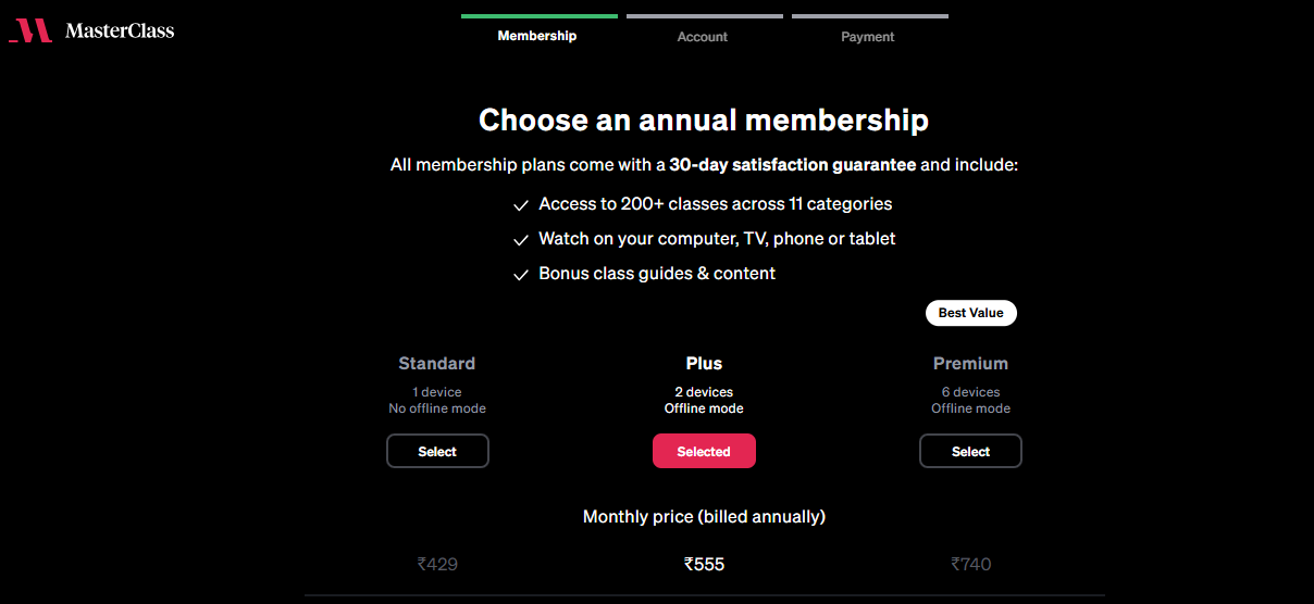 MasterClass membership sales page showing different subscription options and pricing